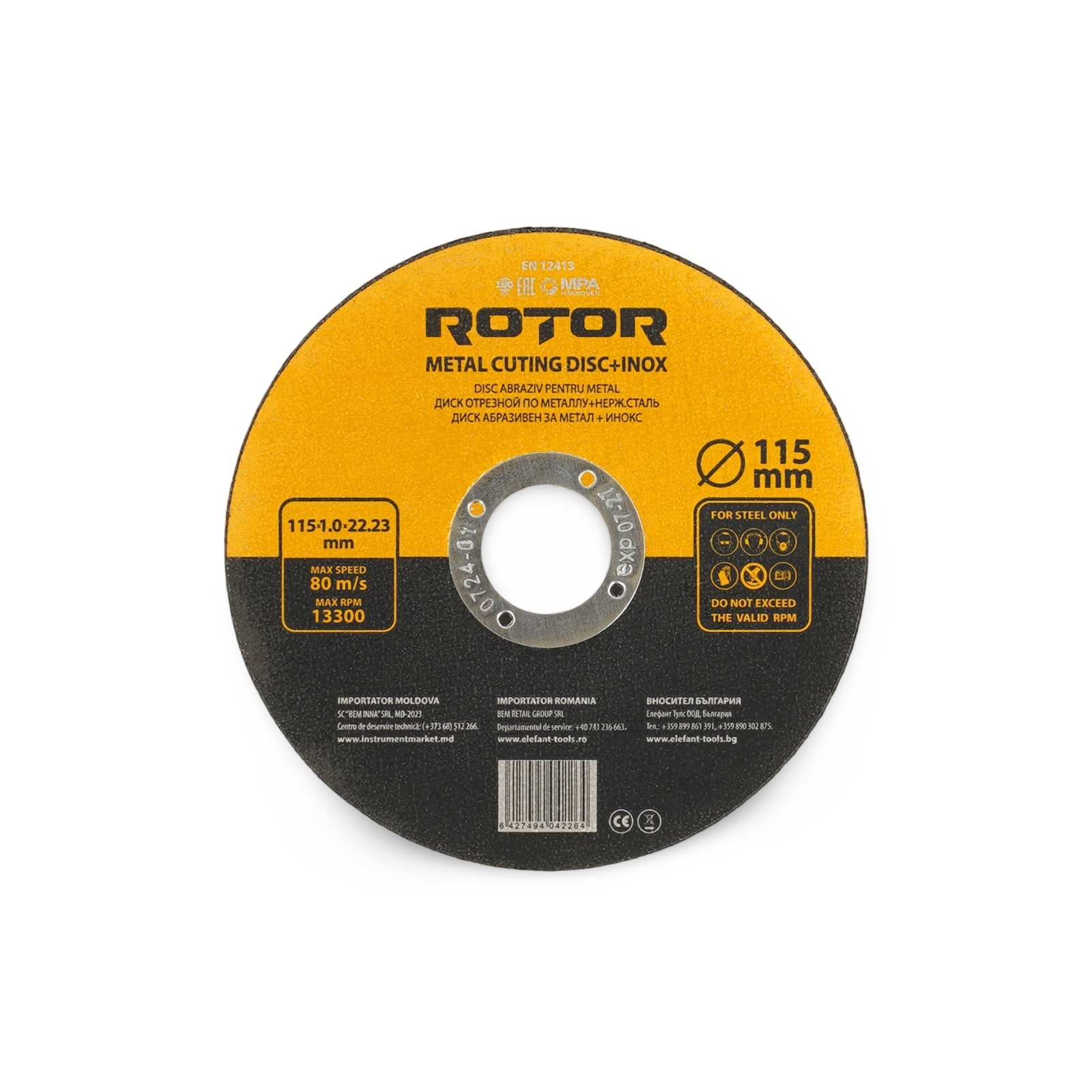 Disco abrasivo corte de metal Inox ROTOR, 115x1.0x22.23 mm