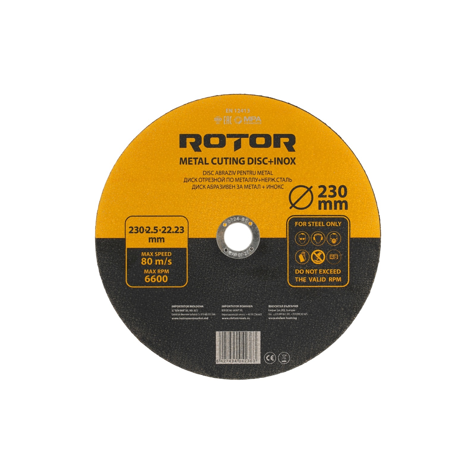 Disco abrasivo corte de metal Inox ROTOR, 230x2.5x22.23 mm, 1 ud.